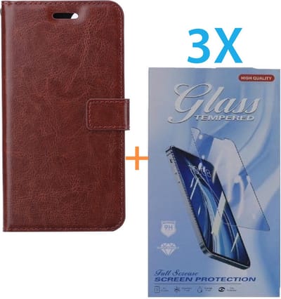 Bookcase Geschikt voor: Apple iPhone 16 Plus - Bruin - portemonnee hoesje - + 3X Tempered Glass Screenprotector