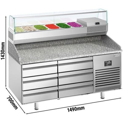 GGM Gastro Pizzakühltisch Premium PLUS - 1490x700mm - mit 6 Schubladen - inkl. Kühlaufsatzvitrine - 6x GN 1/4