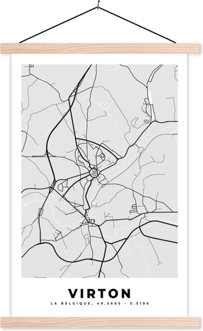 Posterhanger incl. Poster 40x60 cm - Schoolplaat - Stadskaart – Plattegrond – België – Zwart Wit – Virton – Kaart - Textielposter - Blanke latten - Stadskaart