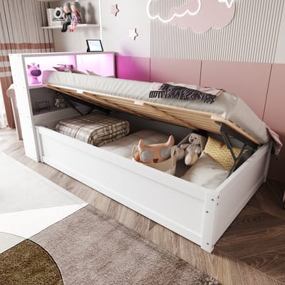 Bed 90 x 200 cm met stopcontact en opbergvak met LED-verlichting - met opbergruimte - eenpersoonsbed - wit - zonder matras