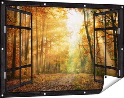 Gards Tuinposter Doorkijk Herfstbos met Zonneschijn - 120x80 cm - Tuindoek - Tuindecoratie - Wanddecoratie buiten - Tuinschilderij