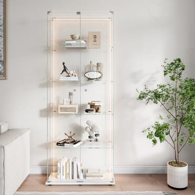 Vitrinekast 5 Laags met LED Strip – Wit – Glazen Display Kast met Slot – Showcase Kast 183cm met Dubbele Deuren