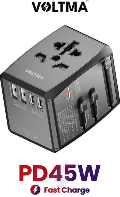 Voltma Universele Reisadapter UC 45W - 45 Watt Snelle Oplader - GaN Universele Charger Adapter met 3 USB-C en 2 USB-A Poorten - Internationale Plug Converter Wereldwijde Reisoplader Alles-in-één voor EU, VS, VK en AUS - Wereldstekker werkt met Apple