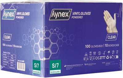 Hynex Vinyl handschoenen Gepoederd maat S omdoos 1000 stuks 4,5gram Transparant/ Wit 10x100/doos