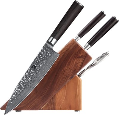 Xinzuo B1H Series – Messenset 5-delig - Professioneel - Gehamerd Damascus staal (67 laag met kern van 10Cr15CoMoV) - Vlijmscherp - Messenset inclusief messenblok, keukenschaar en geschenkdoos