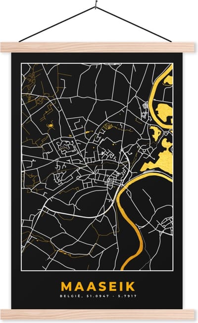 Posterhanger incl. Poster 40x60 cm - Schoolplaat - Kaart - Plattegrond - Maaseik - Goud - Stadskaart - Textielposter - Blanke latten - Stadskaart
