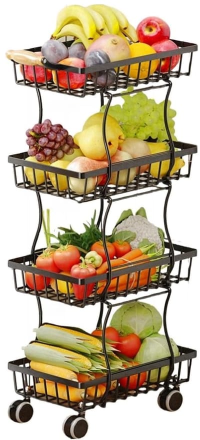 Famanu – Keuken trolley fruitmand met wielen – metalen draadrek met houten handvat voor groenteopsla
