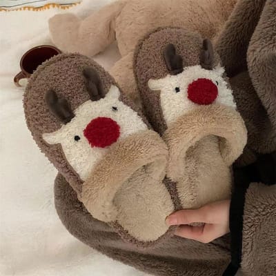 Pantoufles d'hiver mignonnes en coton Elan de Noël pour femmes Mode Maison Antidérapantes Chaussures en coton pour couple 36-37 brown