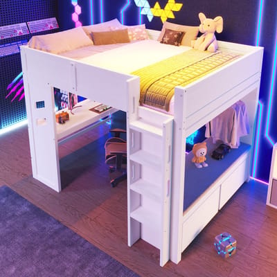 DESMIU Hoogslaper 140x200 cm – Hoogslaper Met Bureau, Ledverlichting En Laadpunt – Met Kledingstang En 2 Laden – Voor Jeugdkamer – Grenenhout En MDF – Wit – Zonder Matras