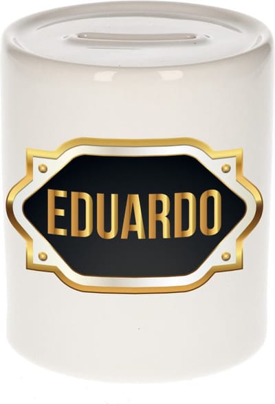Spaarpot met voornaam Eduardo - wit - met goud/zwart embleem - 8 x 9 cm - keramiek - met afsluitdop - cadeau verjaardag