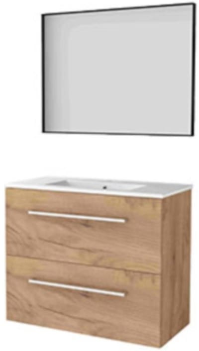 Basic-Line Framed 39 Badkamermeubelset - Ondiep - 80 x 39 cm - Met Grepen - 2 Lades - Keramische Wastafel - 1 Kraangat - Spiegel met Zwart Aluminium Frame - Whisky Oak