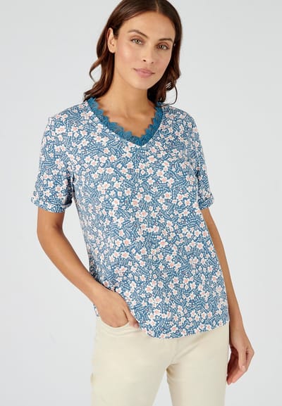 Damart - Gebloemd T-shirt in katoenmix met gerecycleerde vezels* - Dames - Blauw - XS