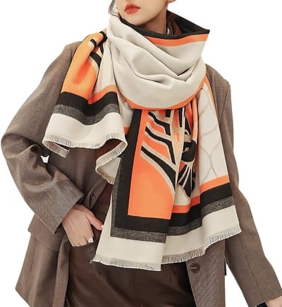 Winterse sjaal van kasjmier voor dames met kleursplicing en dierenpatroon, warme pashmina met franjes, zachte en dikke omslag in beige, One Size