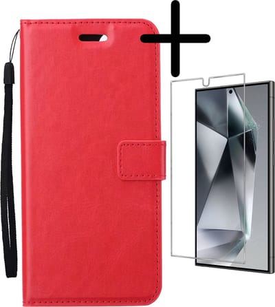 Hoesje Met Screenprotector - Geschikt voor Samsung Galaxy S24 Ultra - Luxe Pasjeshouder - Bookcase Portemonee - Flip Case - Kunstleer Book Case - Flipcase - Book Cover - Walletcase - Portemonneehoes - Rood