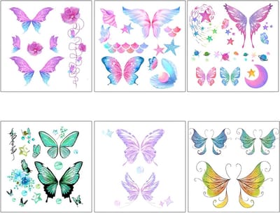 Waterdichte en duurzame vlinder tattoo stickers voor kinderen, gezicht en voorhoofd, ideaal voor feestjes en festival make-up, 6 vellen