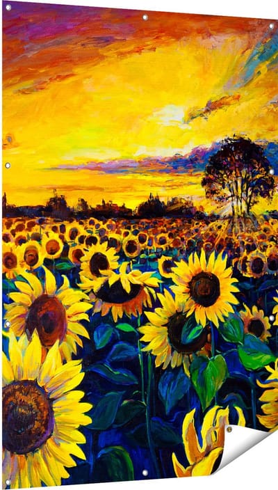 Gards Tuinposter Getekende Zonnebloemen Veld met Olieverf - 100x150 cm - Tuindoek - Tuindecoratie - Wanddecoratie buiten - Tuinschilderij