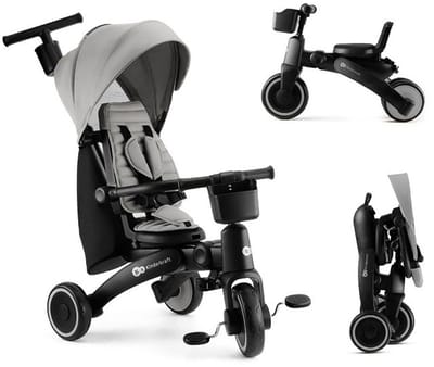 Kinderkraft JAZZ 2 5-in-1 Kinderdriewieler - Voor 9 Maanden tot 5 Jaar - 360° Draaibare Click & Twist Stoel, Verstelbare Oudergreep en Zonnekap - Grijs