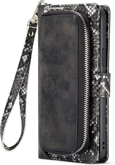 Casemania Hoesje Geschikt voor Apple iPhone 13 Pro - Zwart - Luxe Wallet Bookcase met Rits Pasjeshouder en Standaard - Kunstleer Portemonnee Telefoonhoesje met Slangenstructuur en Extra Opbergruimte
