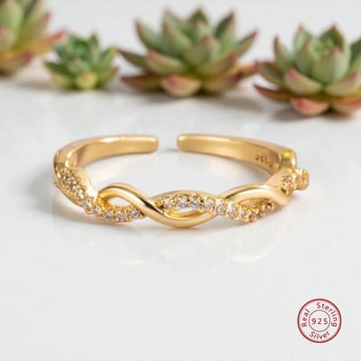 Leerella Twist Touw Ring Goudkleur– Verstelbaar in Echt 925 Sterling Zilver Dazzling Dames Ring Stralend in Stijl en Veelzijdigheid met Zirkoon Verjaardag Moederdag Valentijnsdag