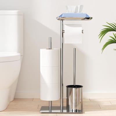 Core® Toiletbutler - Toiletrolhouder - Multifunctionele Toiletbutlet - WC-Borstel - met Plank - Zilver - 57cm x 26cm x 3cm