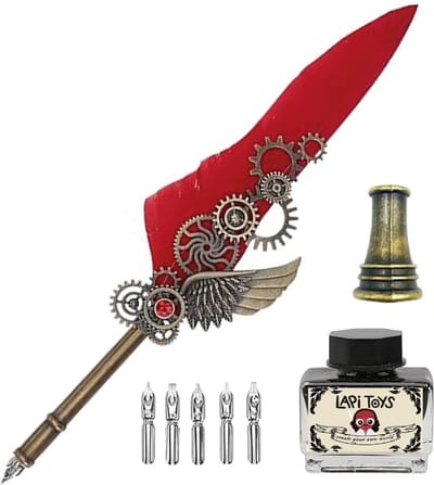 Lapi Toys - Veer pen - Schrijfveer - Kroontjespen - Kalligrafie set - Quill - Inclusief inktpotje, penhouder en 6 schrijfpunten - Rood