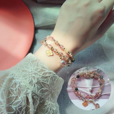 Bracelet Femme Double Cercle Agate Rouge Naturelle /Quartz Fraise /Grenat /Quartz Rutile Bracelets en Cristal Perlé 11 .11 Ybr217 beige