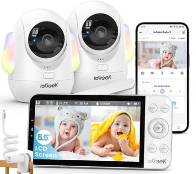 Babyfoon met 2 Camera en App met 5.5 inch Scherm - 2.5K/4MP PTZ Videobabyfoon met Camera - PTZ 360°/100° - Temperatuursensor, automatische tracking, Nachtzicht, 2-Weg Audio,Automatisch - Inclusief Flexibele Houders