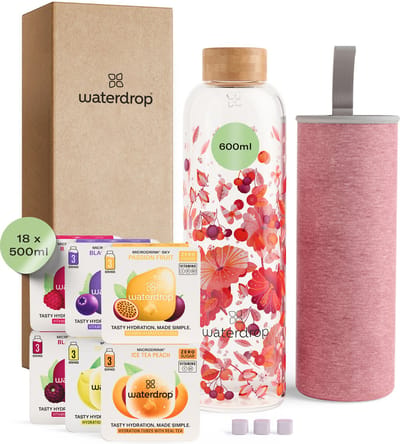 waterdrop® Starterset Glas - Relax Melange - Glazen Drinkfles 600ml + 18 Microdrink Bruistabletten – Herbruikbare Waterfles, Lekvrij, BPA-vrij, Ideaal voor Thuis, Werk, Sport, Reizen – Hydratatie Set, Cadeau Idee