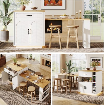 Clruro Keukeneiland - Keukenkast met Uitschuifbare Tafel, LED, 2 Laden en 4 Deuren - MDF - Zwart/Wit