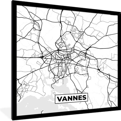 Fotolijst incl. Poster Zwart Wit- Stadskaart - Plattegrond - Kaart - Frankrijk - Vannes - Zwart wit - 40x40 cm - Posterlijst
