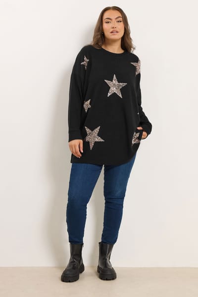 Yours Zwarte Met Pailletten Versierde Sterrentrui Size 42