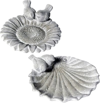 2 x Vogelbad / Vogel Voederschaal - Zonnebloem & Schelp - Steen - 25 x 23 cm