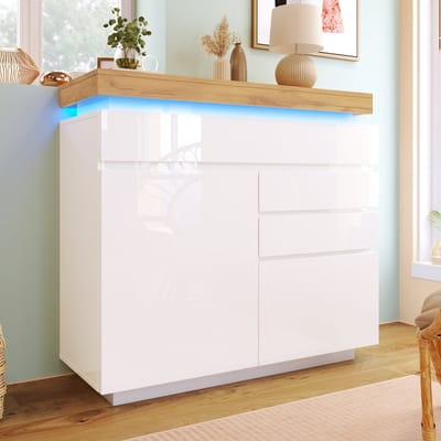 Sweiko Ladekast - Hoogglans dressoir - 2 deuren, 3 laden - LED verlichting - 115 x 110 x 39 cm - Wit