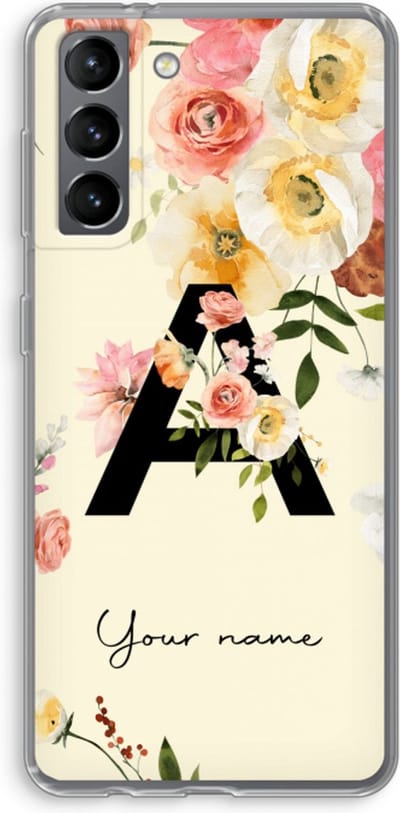 Gepersonaliseerd - Case Company® - Hoesje geschikt voor Samsung Galaxy S21 hoesje - Flirty Flowers Monogram - Soft Cover Telefoonhoesje - Bescherming aan alle Kanten en Schermrand