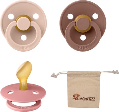 Bibs Dental fopspenen Anatomical 6-18 maanden- Set 3 stuks- Blush, Woodchuck, Dusty Pink + Monkiezz speenzakje - orthodontisch- Anatomisch- Maat 2