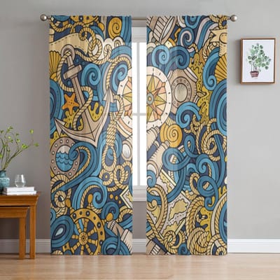 Cartoon Nautische Doodles Transparante Gordijnen voor Woonkamer Transparant Tule Raamgordijn Slaapkamer Keuken Huisdecoratie Sluier Draperieën 135W x 114H(cm)