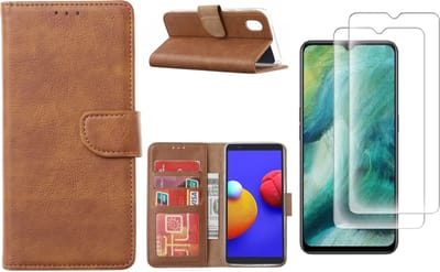 Hoesje Geschikt Voor Samsung Galaxy A01 Core Hoesje met Pasjeshouder booktype case / wallet cover Bruin 2 pack Screenprotector / tempered glass