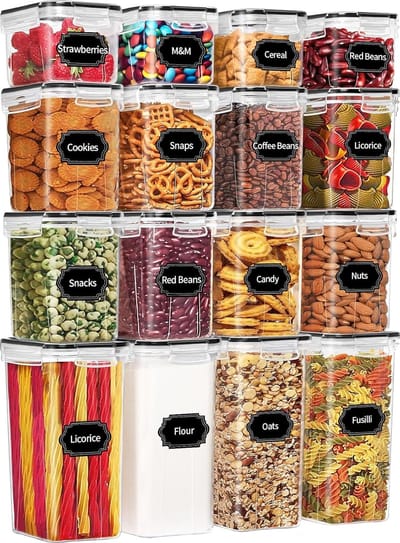 voorraaddozen met deksel, set van 16, BPA-vrij, luchtdichte opbergdozen, keukenorganizer voor cornflakes, muesli, meel, voorraaddozen met etiketten
