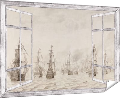 Gards Tuinposter Doorkijk De Zeeslag tegen de Spanjaarden bij Duinkerken - Willem van de Velde - 180x120 cm - Tuindoek - Tuindecoratie - Wanddecoratie buiten - Tuinschilderij