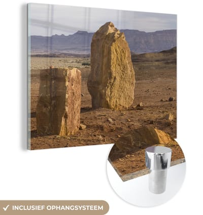 ® Glasschilderij 160x120 cm - Schilderij acrylglas - Ondergaande zon in de Makhtesh Ramon in Israël - Foto op glas - Muurdecoratie woonkamer - Wanddecoratie slaapkamer - Schilderijen