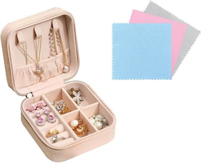 Mini Reistas voor Sieraden, PU Leer met 3 Stukken Zilver Stof voor Ringen, Oorbellen en Kettingen, Draagbare Sieraden Organizer (Roze)