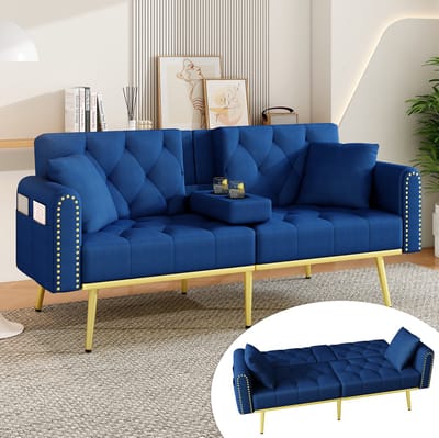 MIVRAY Slaapbank 175 x 80 x 73,5 cm - Verstelbare Rugleuning Met 3 Standen En Bekerhouder - Voor Woonkamer Of Logeerkamer - Velvet Blauw