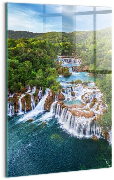 Wallfluent Glasschilderij - Watervallen en de rivier Krka, Kroatië Foto Op Glas - 40x60 cm - Groente Verticale Muurschildering - Landschap Schilderij Op Glas - Glazen Schilderij - Schilderij Glas