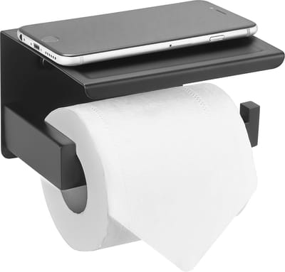 Famanu – Toiletrolhouder met plank voor wandmontage, zelfklevend of schroefmontage, mat zwart
