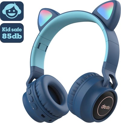 Kinder hoofdtelefoon DOBI by doobs - Draadloze koptelefoon Bluetooth met led kattenoortjes donker blauw - KIDS - VOLUME BEGRENZING - 85DB