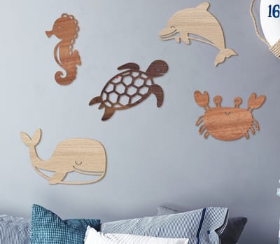 Houten wanddecoratie Under The Sea: kinderkamer, set van 5 /kinderkamer/babykamer/ onderzeedieren/ wanddecoratie
