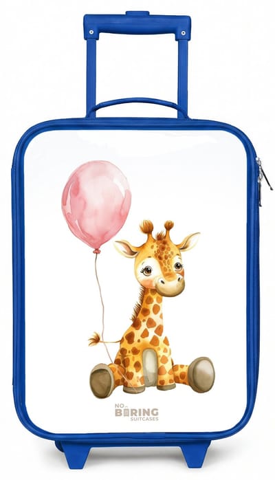 NoBoringSuitcases.com® - Kinderkoffer blauw - Kindertrolley jongen - Giraffe met roze ballon - Koffer kind lichtgewicht - Reiskoffer trolley voor kinderen - Koffertje met lichtgevende wieltjes - Rolkoffer