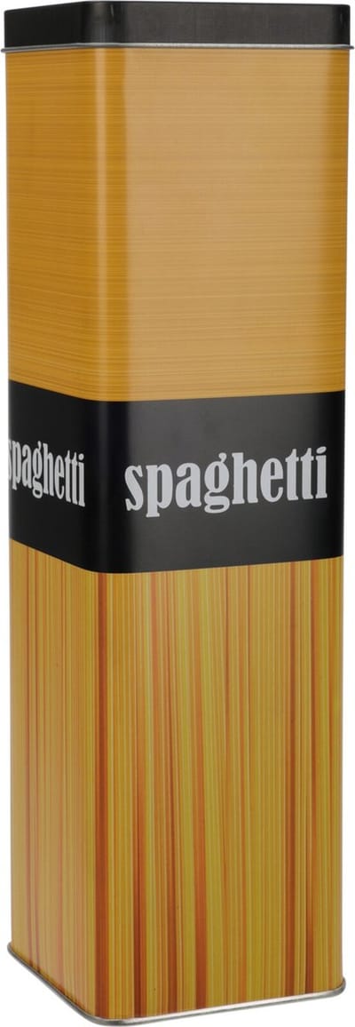 Voorraadbus Pasta/Spaghetti/voorraadblik - metaal - beige/zwart - 8.5 x 8.5 x 30 cm