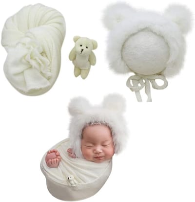 3-delige Fotografie Set voor Pasgeborenen: Fotowraps, Muts en Knuffel
