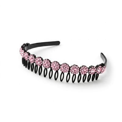 Zwarte haarband met roze en iriserende strass stenen – dames diadeem met kristallen bloemen – elegante haaraccessoire met antislip tanden